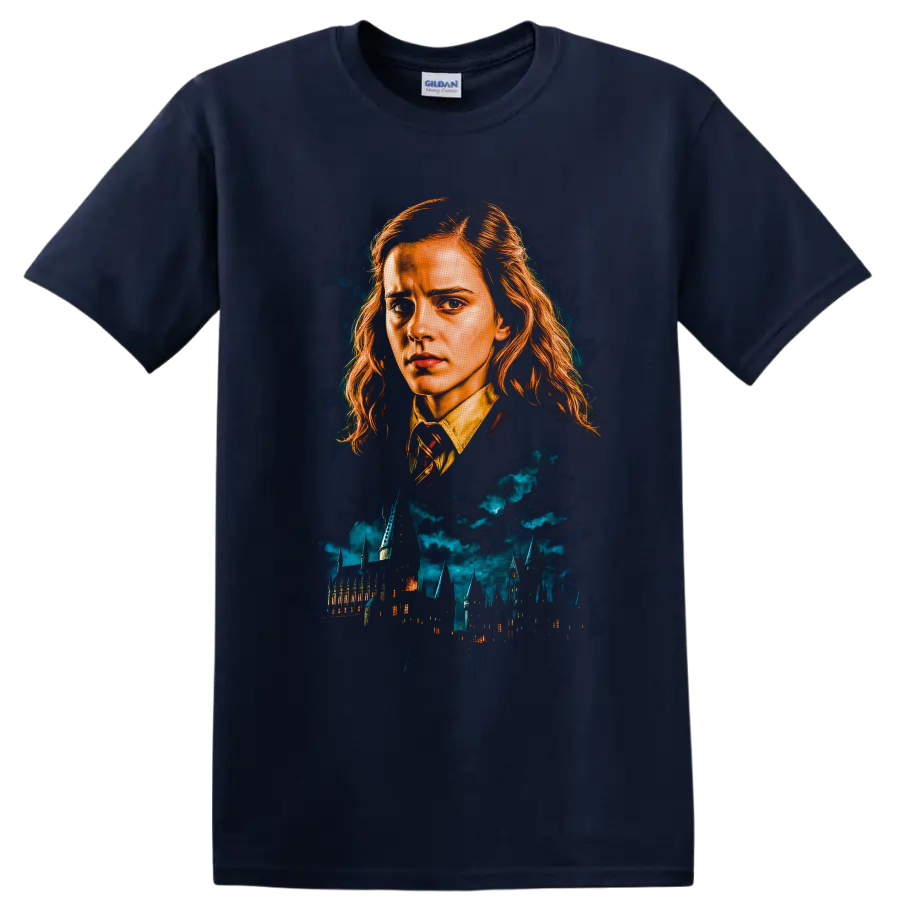 Hermione Granger portrait above Hogwarts castle in dramatic fantasy illustration on a Navy (Blue) T Shirt