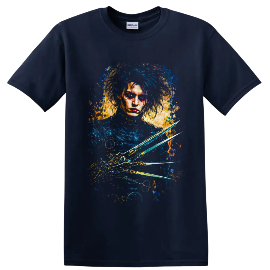 Edward Scissorhands gothic portrait with scissor hands and blue-gold paint splatters on a Navy (Blue) T Shirt