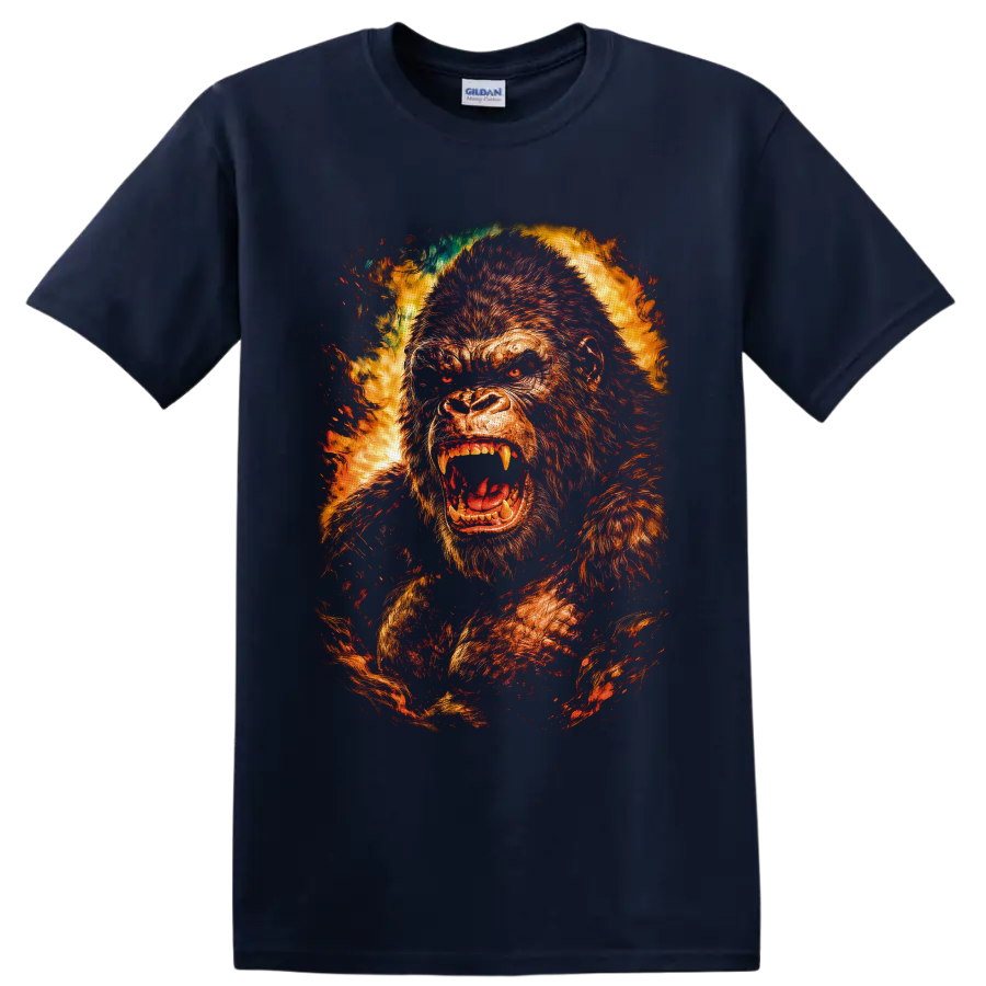 Kong roaring giant ape in fiery distressed monster movie graphic art on a Navy (Blue) T Shirt