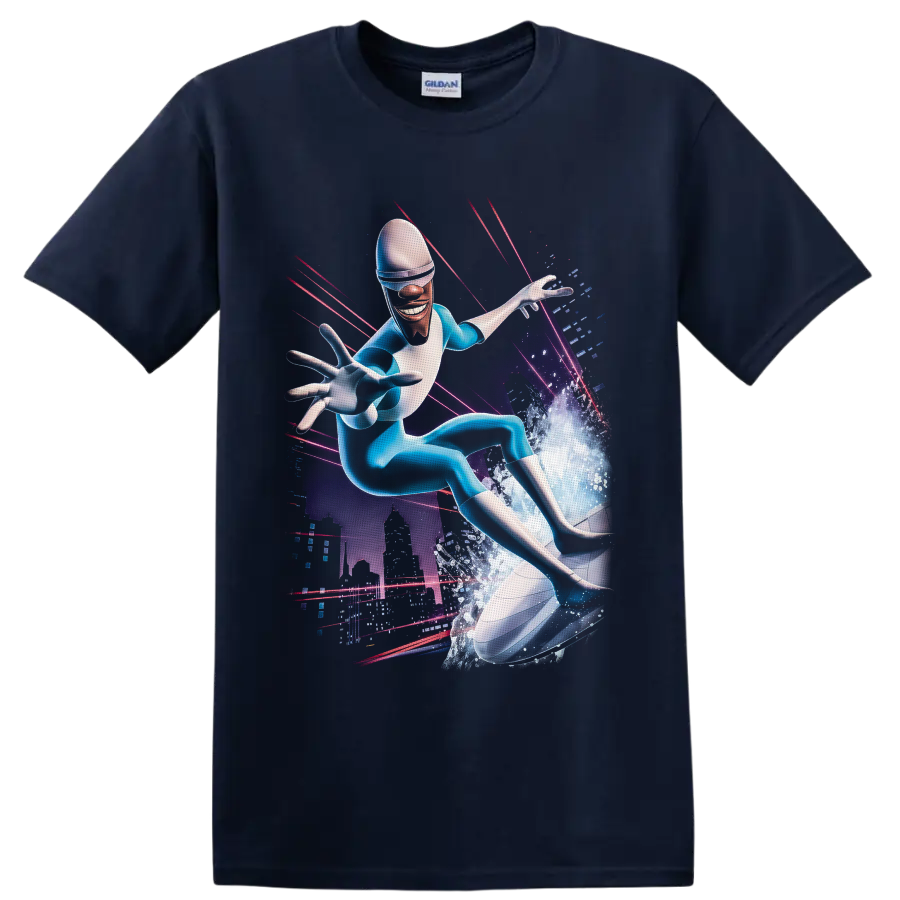 Frozone surfing an ice wave in a neon futuristic city graphic on a Navy (Blue) T Shirt