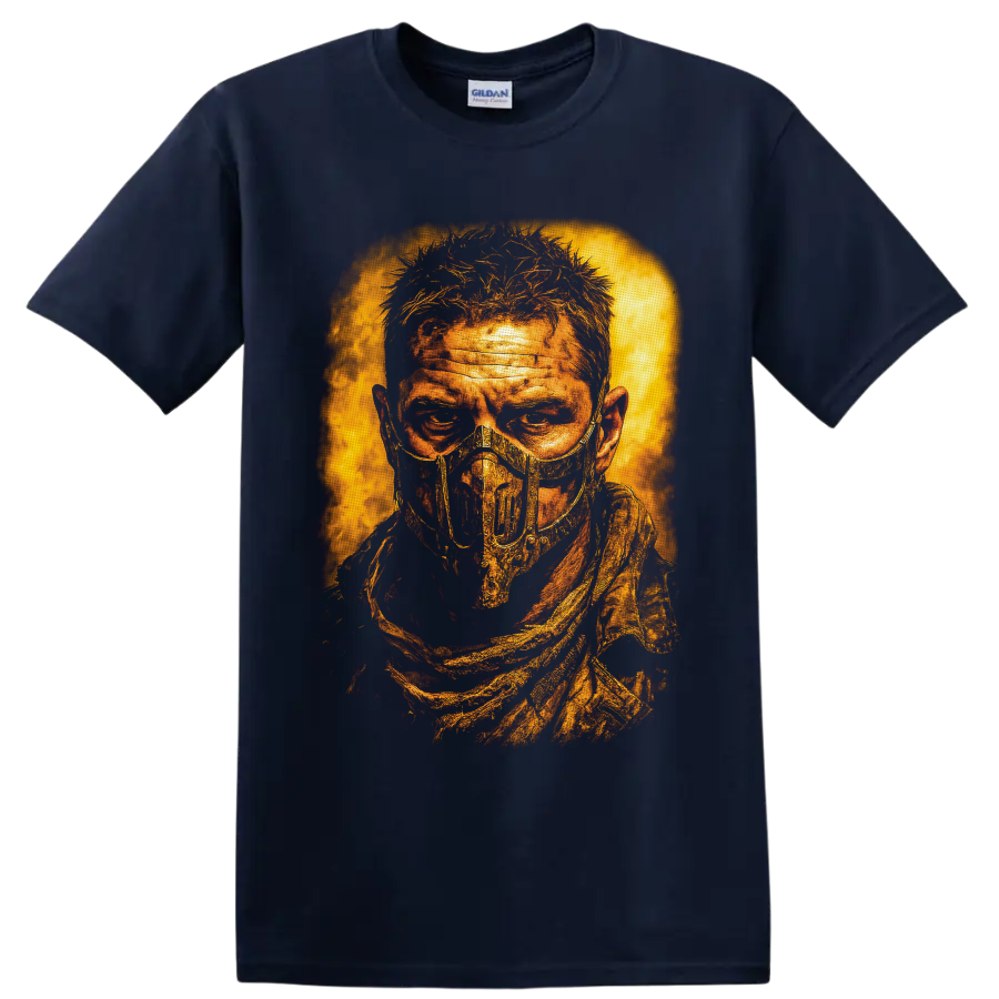 Distressed fiery portrait of a masked Mad Max: Fury Road wasteland figure on a Navy (Blue) T Shirt