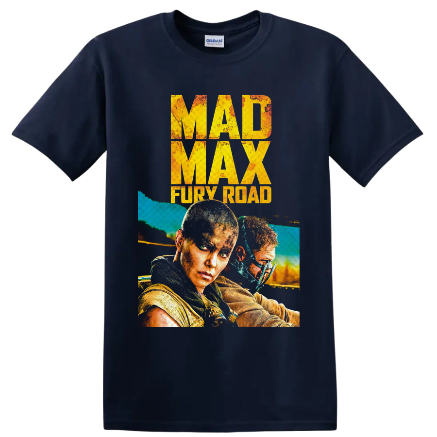 Furiosa and masked warrior in distressed Mad Max Fury Road action poster art on a Navy (Blue) T Shirt