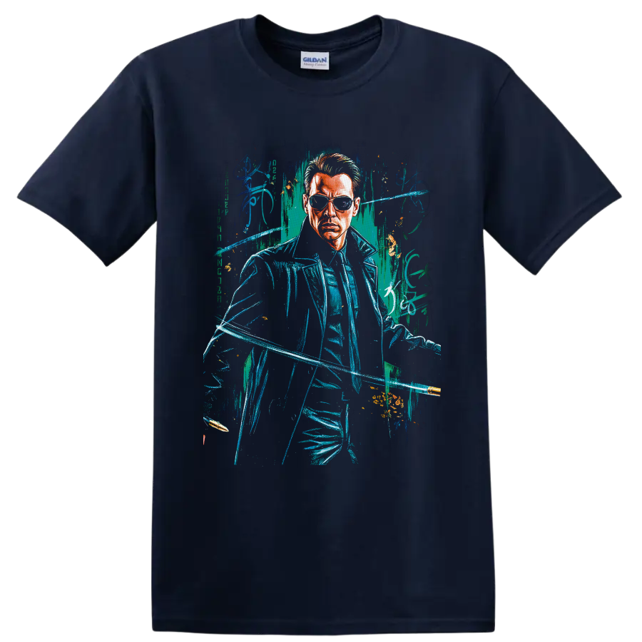 The Matrix cyberpunk sunglasses figure with neon digital distressed artwork on a Navy (Blue) T Shirt