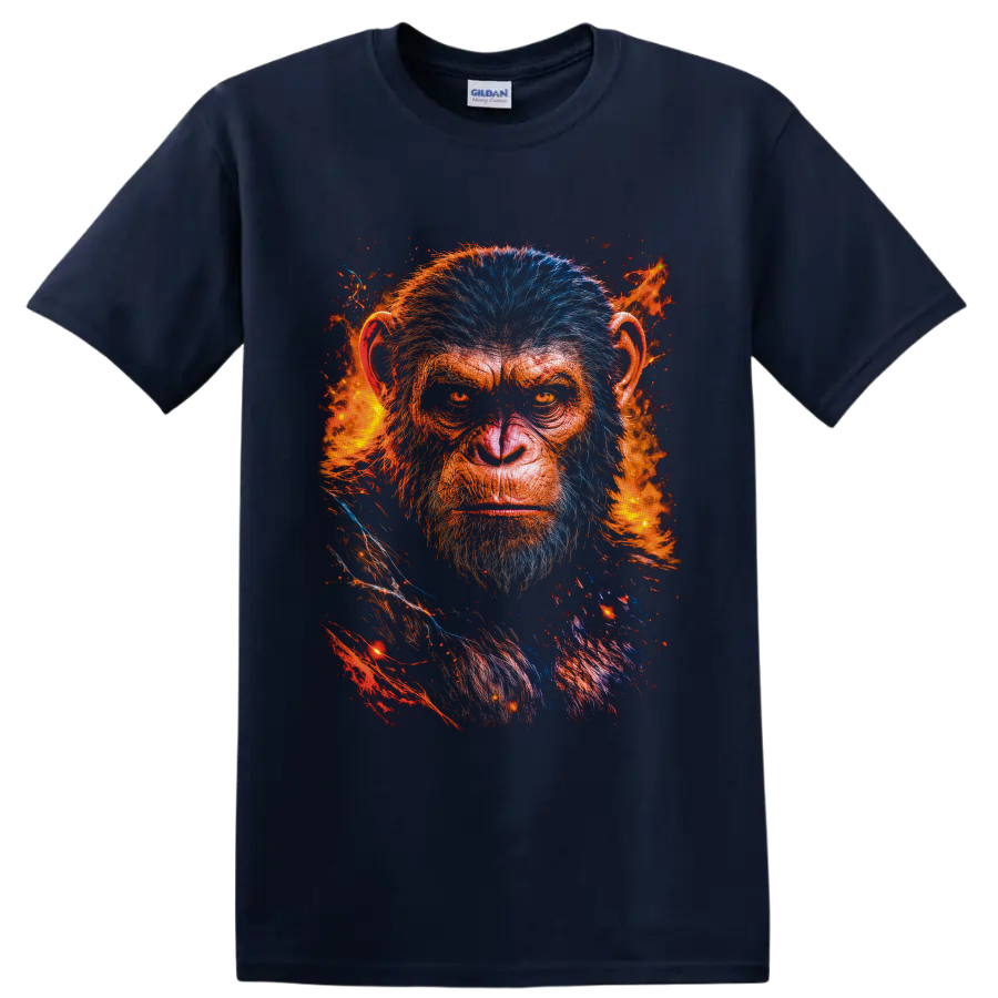 Caesar Planet of the Apes portrait with blue fur, orange flames, and embers on a Navy (Blue) T Shirt
