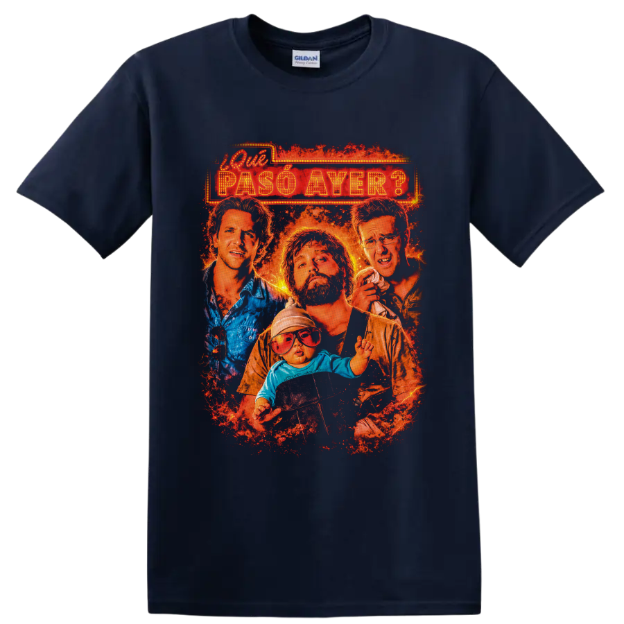 The Hangover cast and baby in fiery distressed marquee movie poster graphic on a Navy (Blue) T Shirt