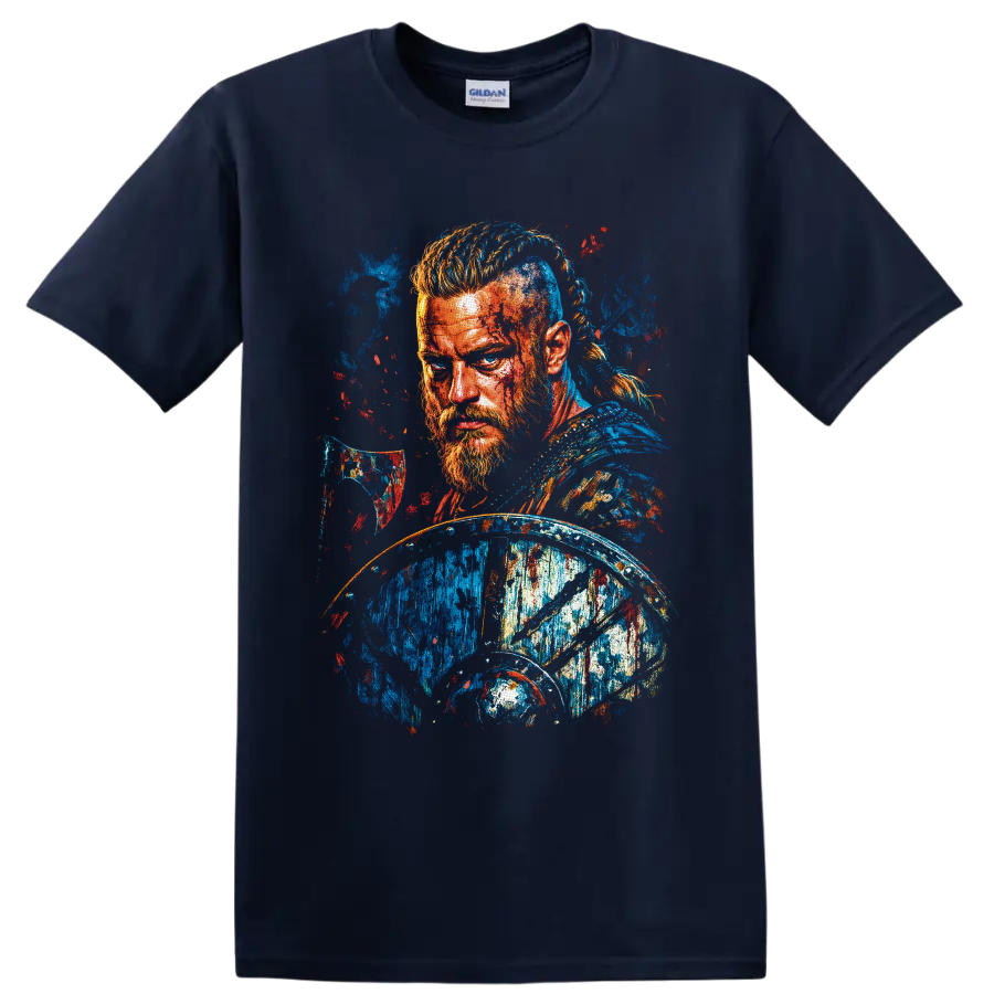Ragnar Lothbrok warrior portrait with axe and shield in vibrant splatter-paint style on a Navy (Blue) T Shirt
