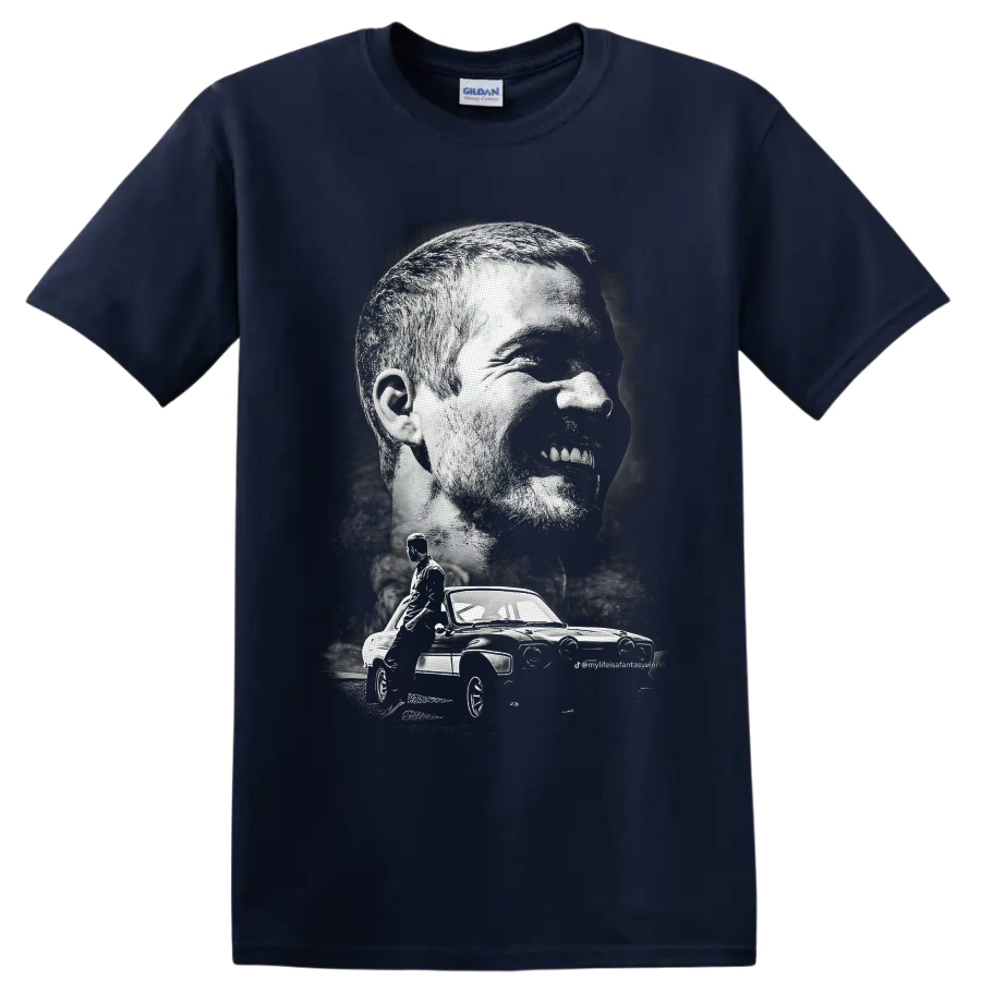 Brian O'Conner portrait and Ford Escort RS2000 in distressed monochrome graphic art on a Navy (Blue) T Shirt