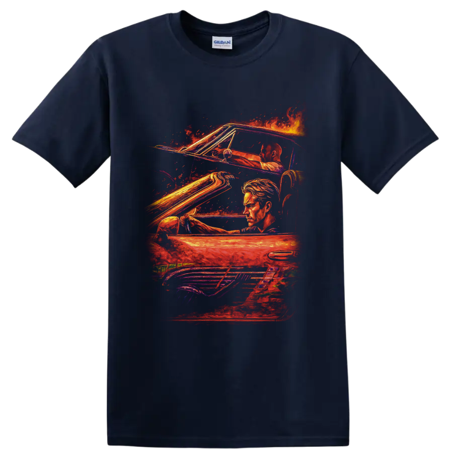 Brian O'Conner fiery street racing art with a performance car and illustrated portrait on a Navy (Blue) T Shirt