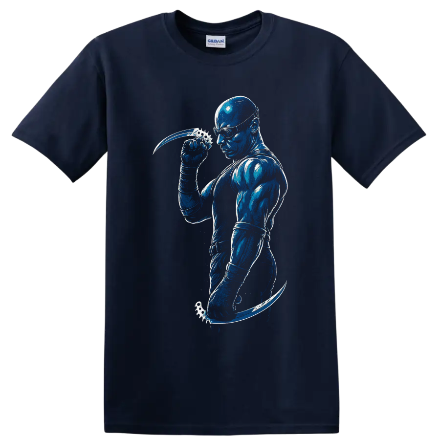Riddick with goggles and curved blades in distressed blue sci-fi action art on a Navy (Blue) T Shirt