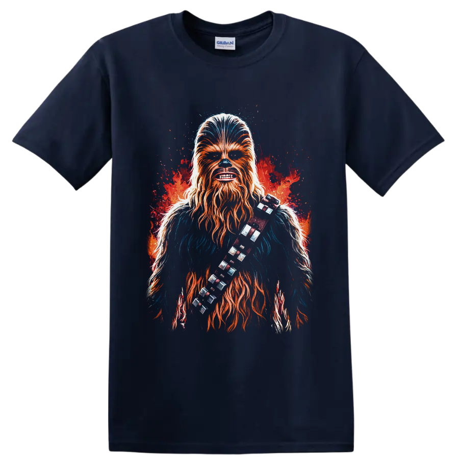 Chewbacca fiery splash-art portrait with bandolier on a Navy (Blue) T Shirt