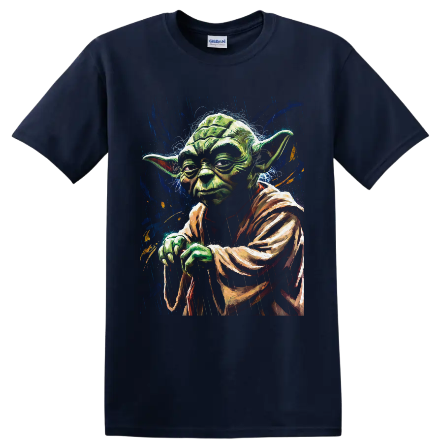 Yoda portrait in painterly galactic paint splash art on a Navy (Blue) T Shirt