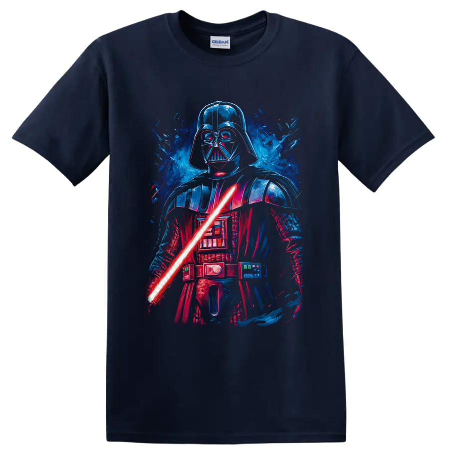 Darth Vader neon-style portrait with red lightsaber and blue sci-fi splatter on a Navy (Blue) T Shirt