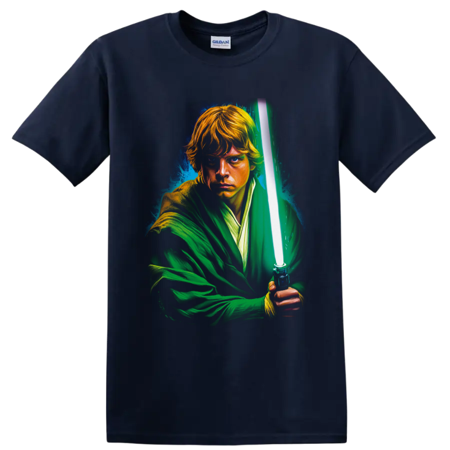 Luke Skywalker painterly portrait holding a glowing green lightsaber on a Navy (Blue) T Shirt