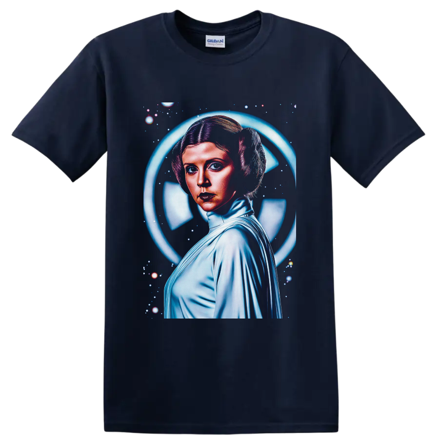 Princess Leia retro space portrait with glowing blue halo and starfield on a Navy (Blue) T Shirt