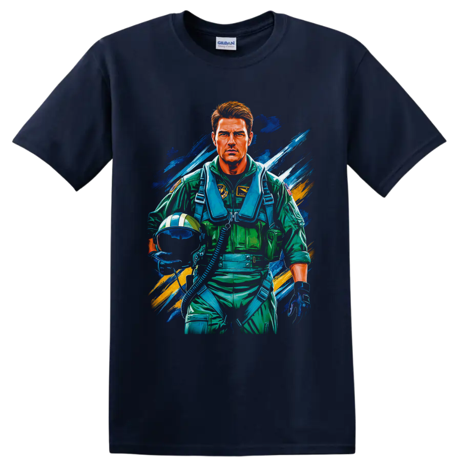 Pete Maverick Mitchell fighter pilot portrait in vibrant Top Gun style on a Navy (Blue) T Shirt