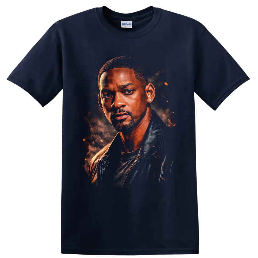 Will Smith cinematic portrait graphic with smoke and glowing ember accents on a Navy (Blue) T Shirt