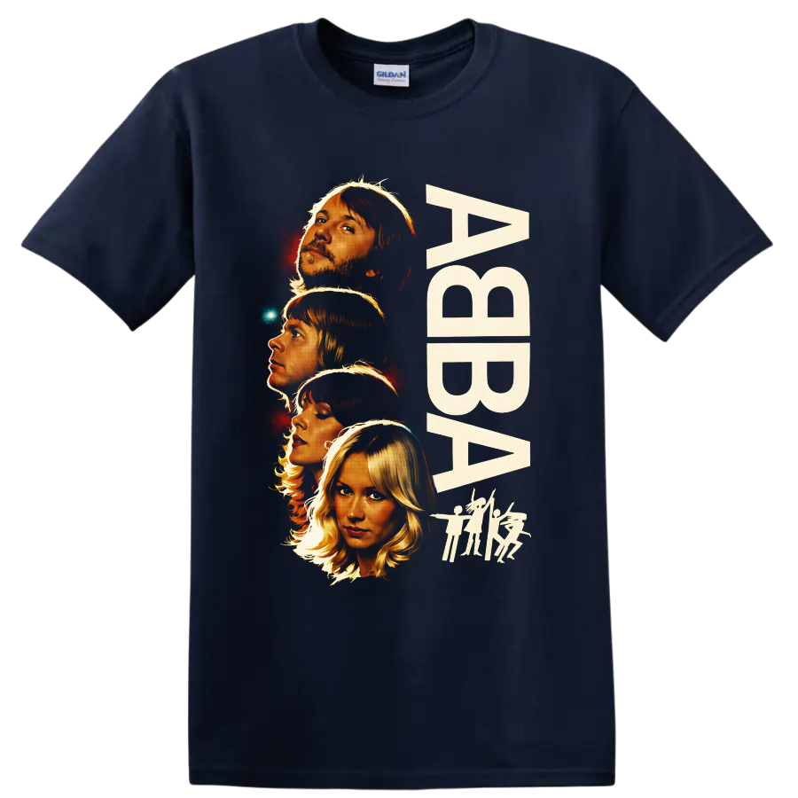 ABBA four-member retro portrait graphic with tall lettering and dancing silhouettes on a Navy (Blue) T Shirt
