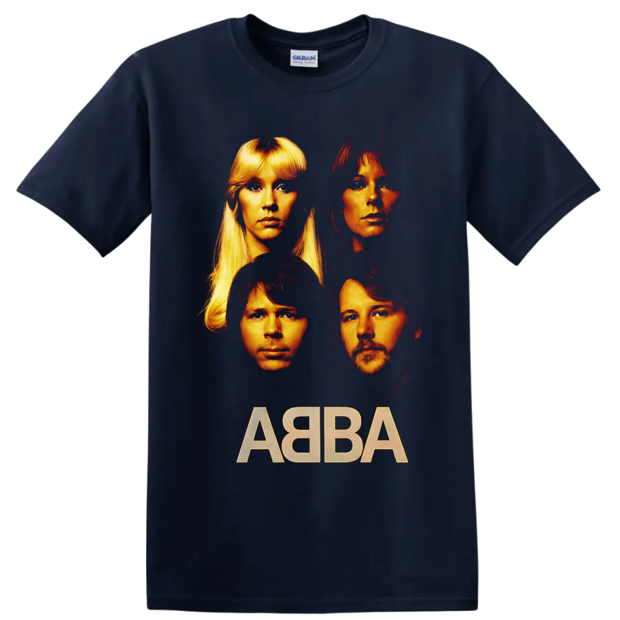 ABBA four-member portraits in dramatic gold and orange with bold ABBA lettering on a Navy (Blue) T Shirt