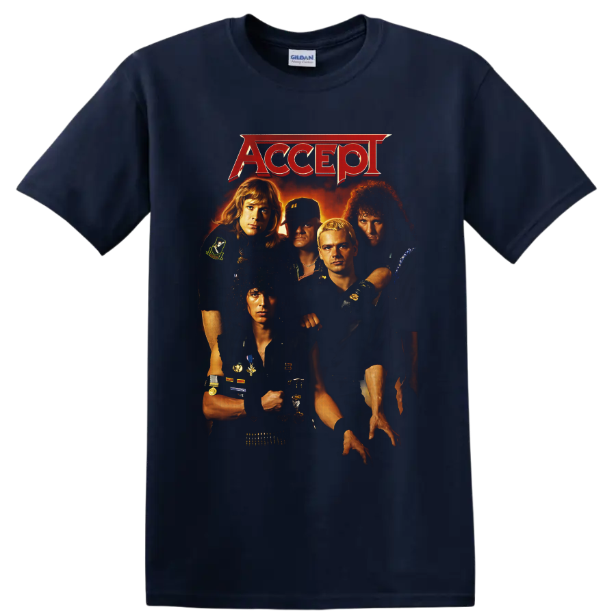 Accept five-member band portrait with red logo and fiery vintage metal poster artwork on a Navy (Blue) T Shirt