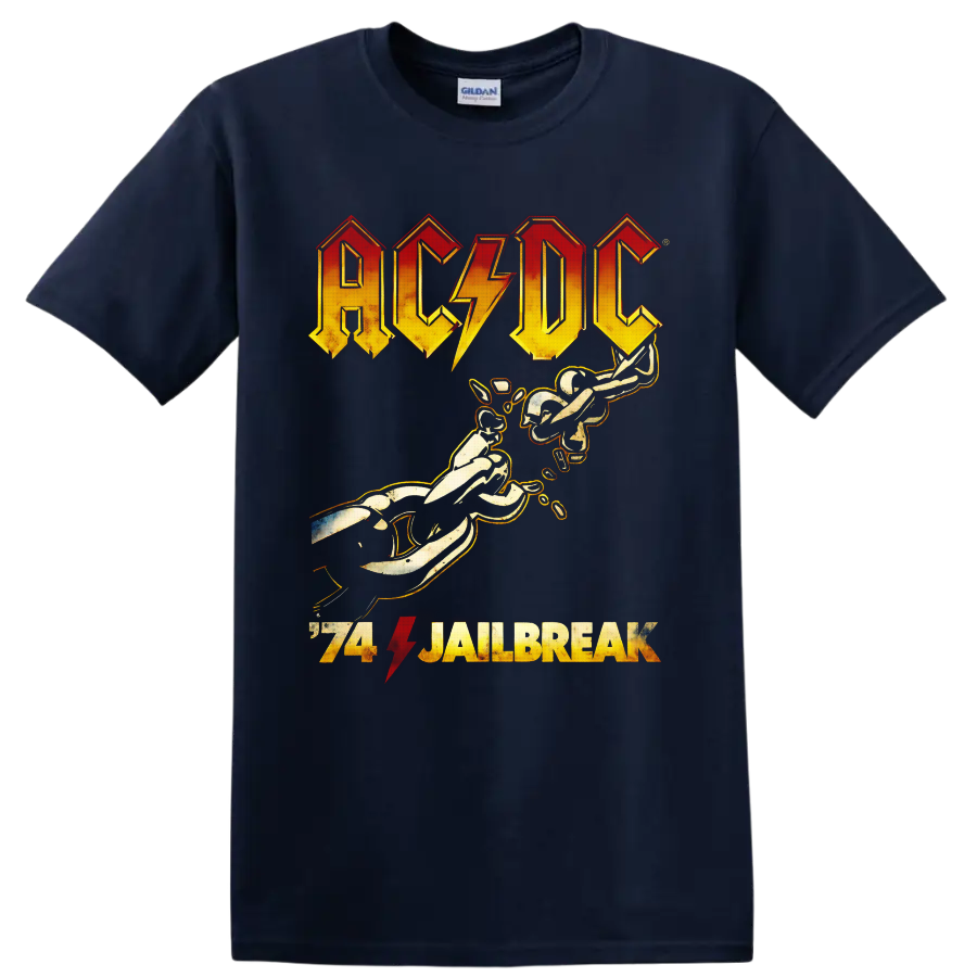 Distressed AC/DC 74 Jailbreak logo with lightning bolt and guitar-playing figures on a Navy (Blue) T Shirt