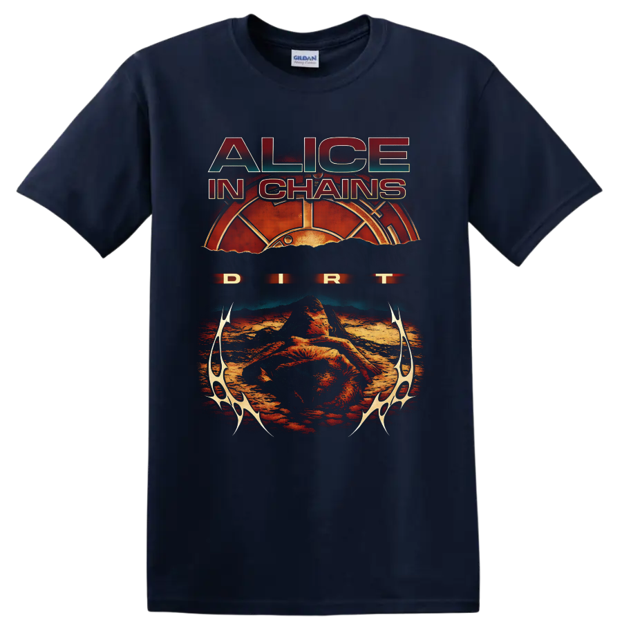 Alice in Chains Dirt album art with distressed text, sunburst, and desert landscape on a Navy (Blue) T Shirt