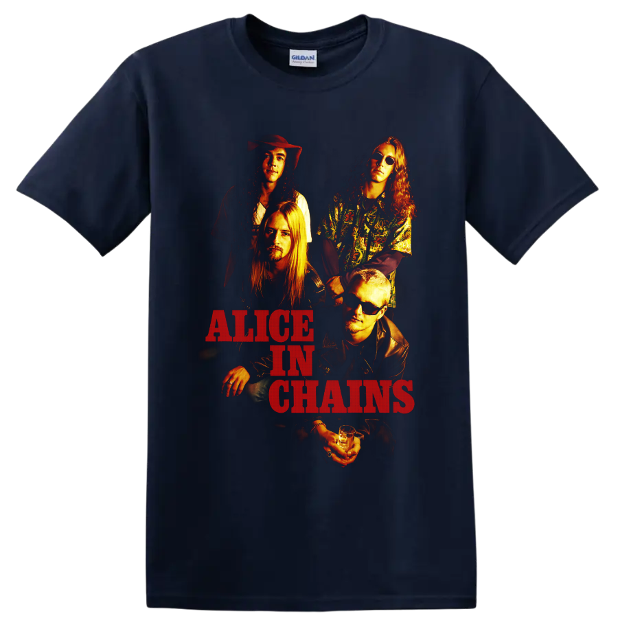 Alice in Chains grunge band portrait with warm lighting and distressed red lettering on a Navy (Blue) T Shirt