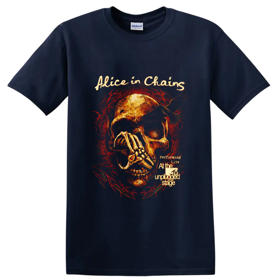 Alice in Chains MTV Unplugged skull, raven, skeletal hand, and red thorn artwork on a Navy (Blue) T Shirt