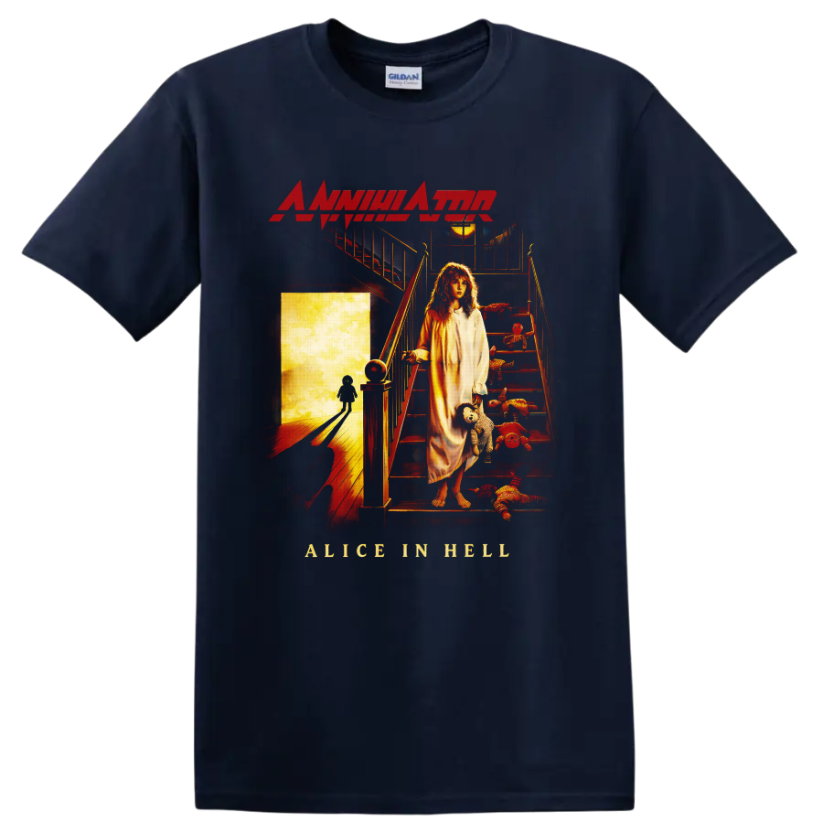 Annihilator Alice in Hell cover art with a girl, staircase, rag dolls, and glowing doorway on a Navy (Blue) T Shirt