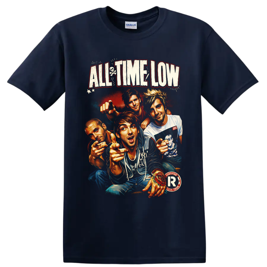 All Time Low four-member illustrated portrait with distressed lettering and punk rock on a Navy (Blue) T Shirt