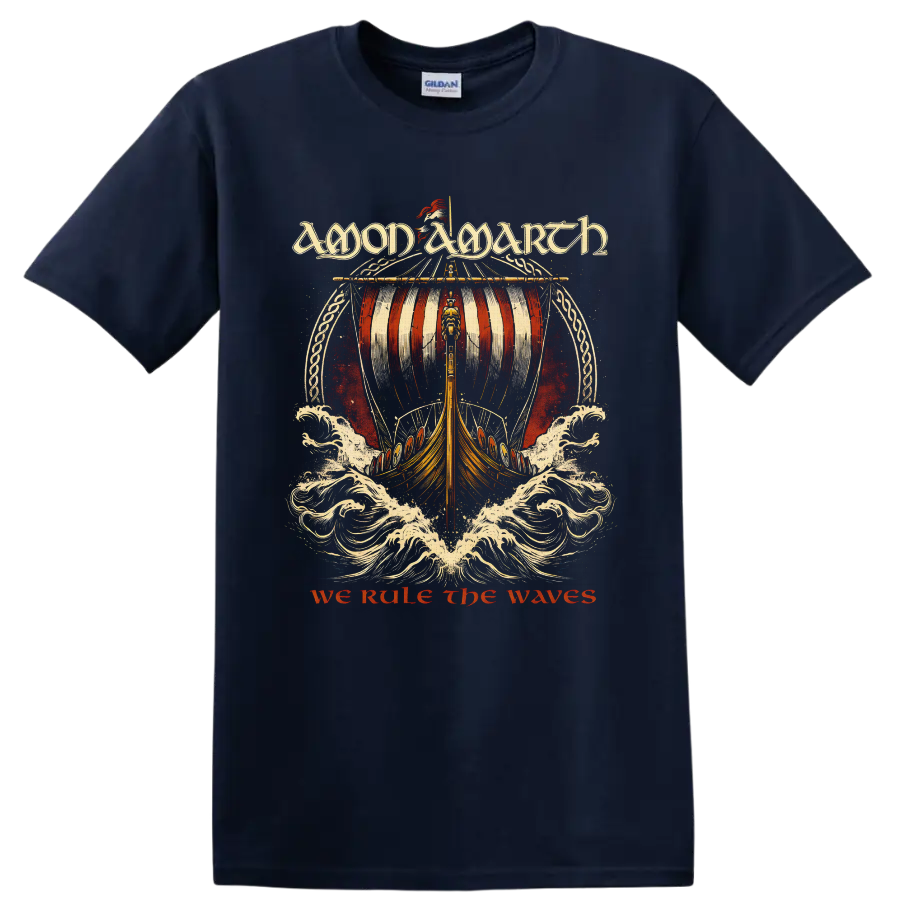 Amon Amarth We Rule the Waves Viking longship and crashing surf metal artwork on a Navy (Blue) T Shirt