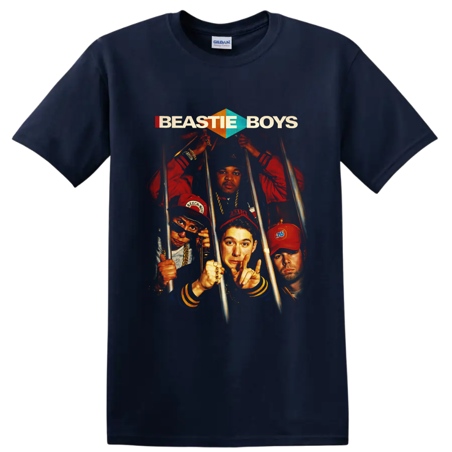 Beastie Boys retro portrait collage behind metal bars with bold logo text on a Navy (Blue) T Shirt