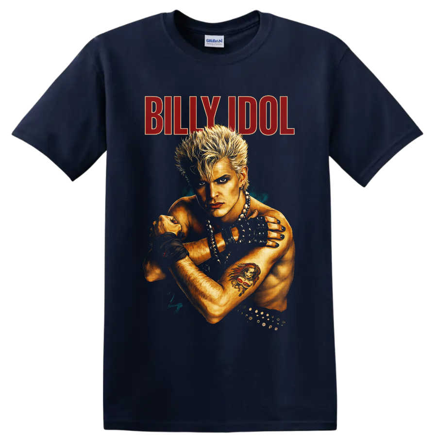 Billy Idol Whiplash Smile punk rock portrait with spiky hair and red BILLY IDOL text on a Navy (Blue) T Shirt