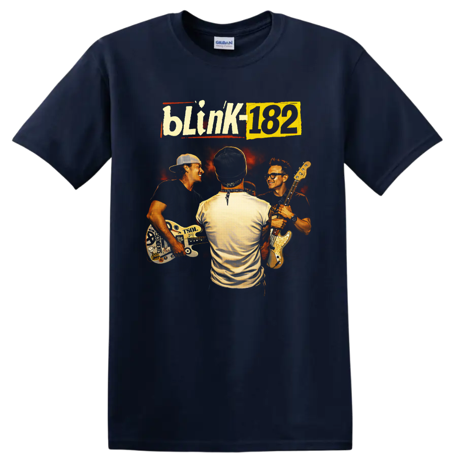 Blink-182 retro concert portrait of three musicians with guitars and fiery backdrop on a Navy (Blue) T Shirt
