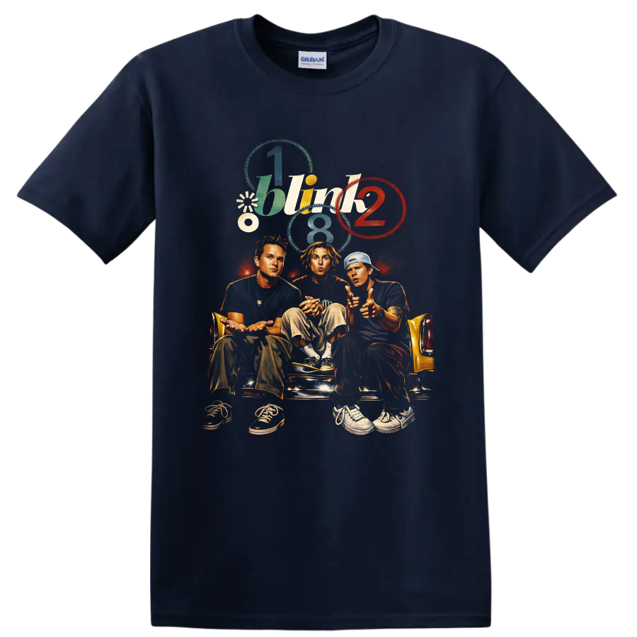 Blink 182 illustrated band portrait on yellow couch with colorful retro number graphics on a Navy (Blue) T Shirt