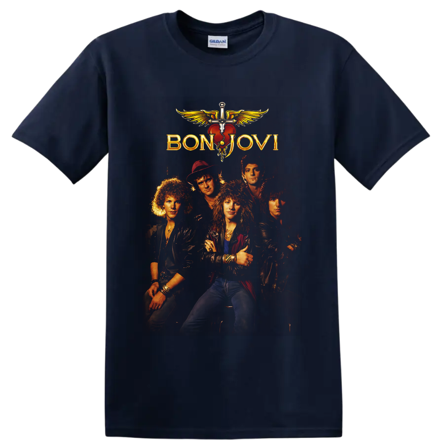 Bon Jovi five-member rock band portrait with gold logo and winged heart dagger emblem on a Navy (Blue) T Shirt