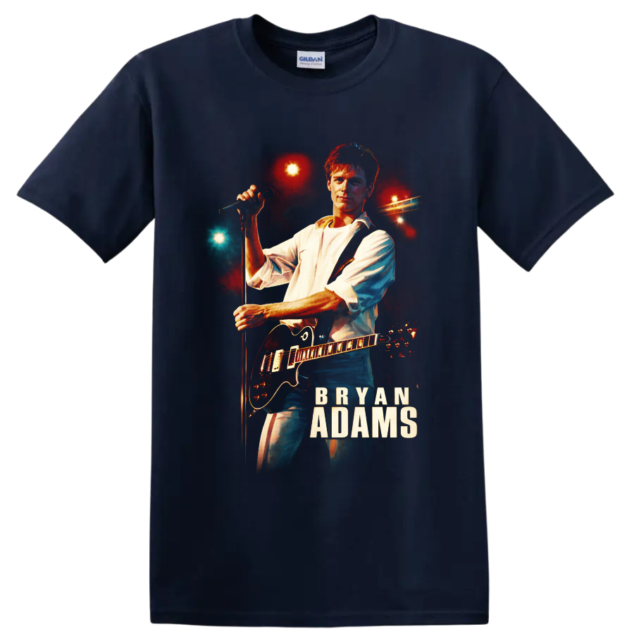 Bryan Adams guitarist at microphone with electric guitar and glowing concert lights on a Navy (Blue) T Shirt