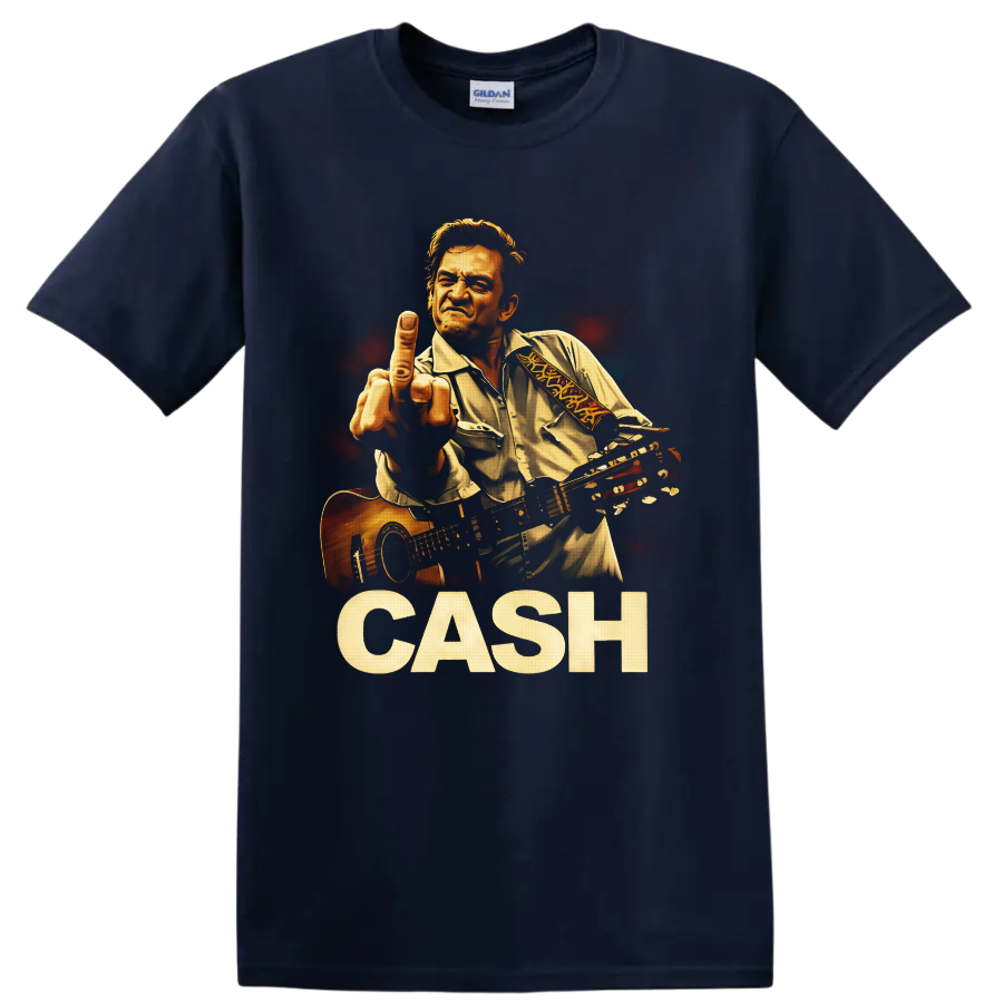 Johnny Cash illustrated guitar portrait with raised hand and distressed CASH lettering on a Navy (Blue) T Shirt