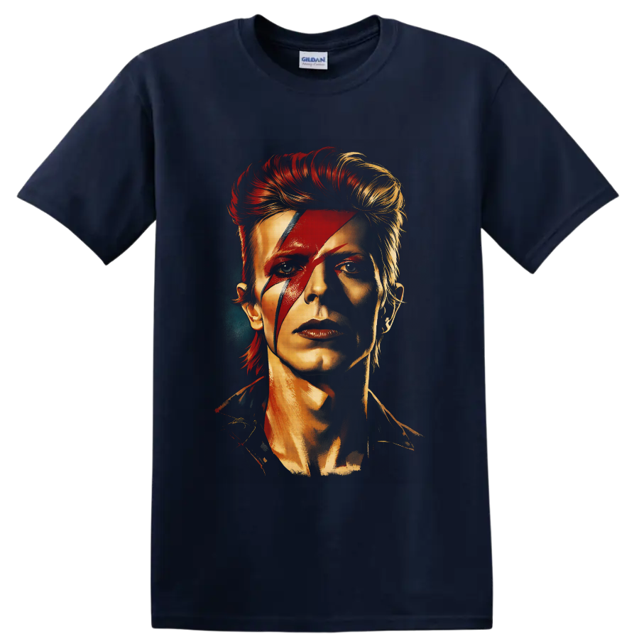 David Bowie Aladdin Sane portrait with red lightning bolt and glam rock styling on a Navy (Blue) T Shirt