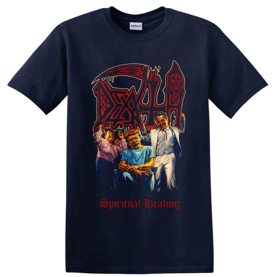 Death Spiritual Healing album art with hooded skull, figures, red logo and gothic text on a Navy (Blue) T Shirt