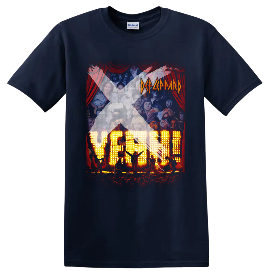 Def Leppard Yeah! album-style concert collage with red curtains and glowing stage on a Navy (Blue) T Shirt