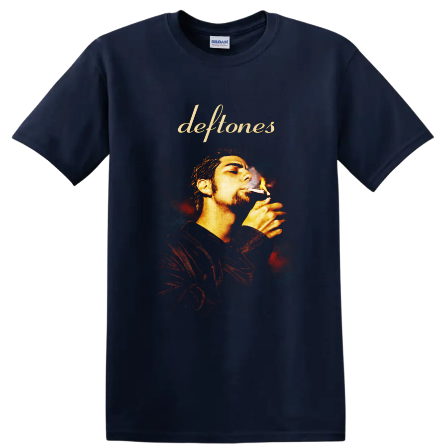 Deftones script above Chino Moreno smoking portrait with fiery smoky background on a Navy (Blue) T Shirt
