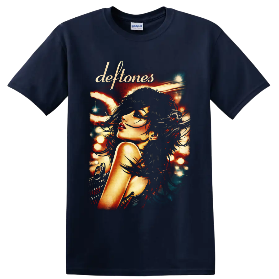 Deftones gothic woman portrait with windswept hair and glowing concert-poster lights on a Navy (Blue) T Shirt