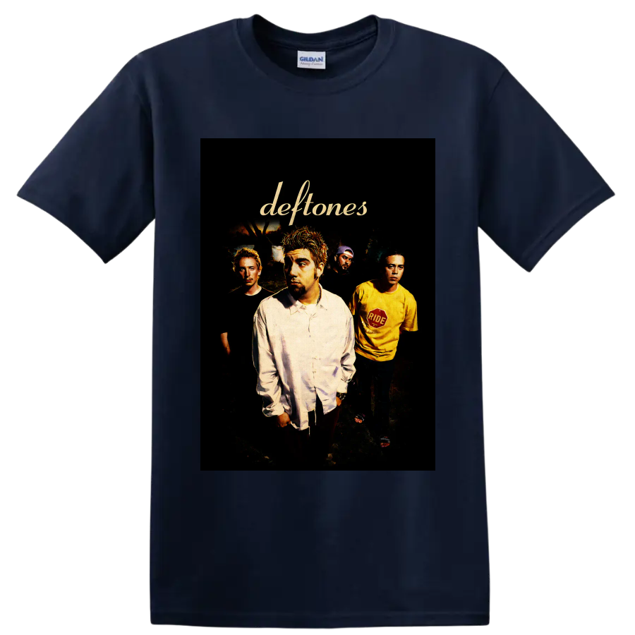 Deftones band portrait with Chino Moreno and gold script logo on a Navy (Blue) T Shirt