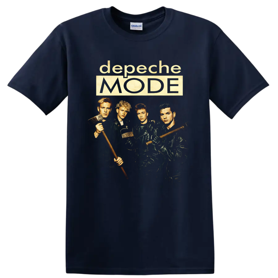 Depeche Mode Construction Time Again band portrait with hammers and cream logo text on a Navy (Blue) T Shirt