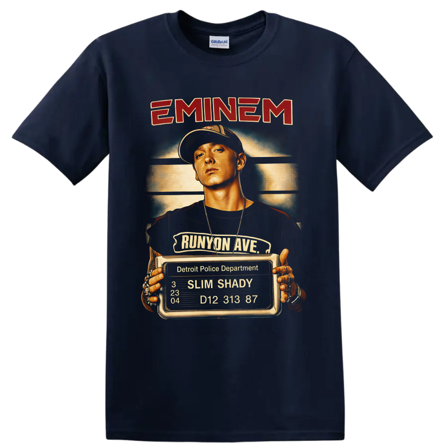 Eminem Slim Shady portrait with Runyon Ave sign and Detroit booking board on a Navy (Blue) T Shirt