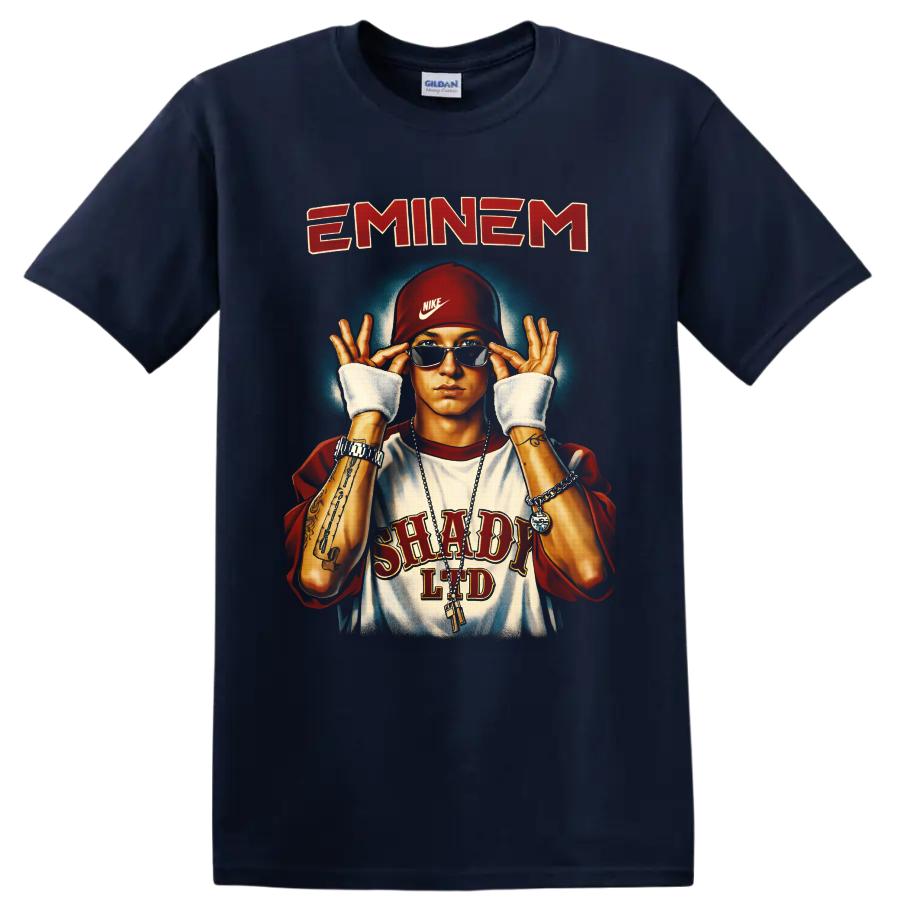 Eminem portrait illustration with sunglasses, red cap, chains, and retro lettering on a Navy (Blue) T Shirt