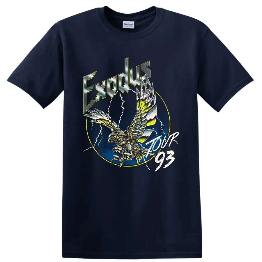 Exodus Tour 93 mechanical eagle with lightning and blue circular metal artwork on a Navy (Blue) T Shirt