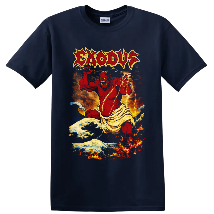 Exodus red demon with sword, lightning, ocean waves, fire, and distressed logo on a Navy (Blue) T Shirt