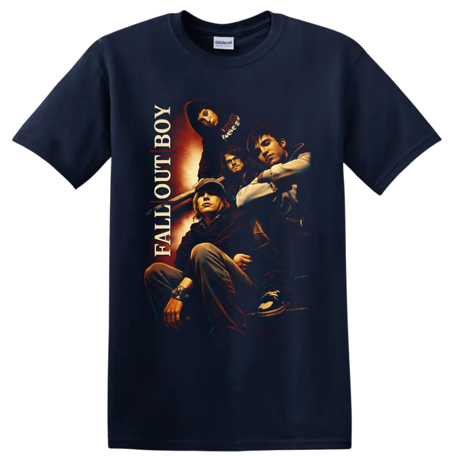Fall Out Boy four-member portrait in fiery retro rock poster style with vertical band text on a Navy (Blue) T Shirt