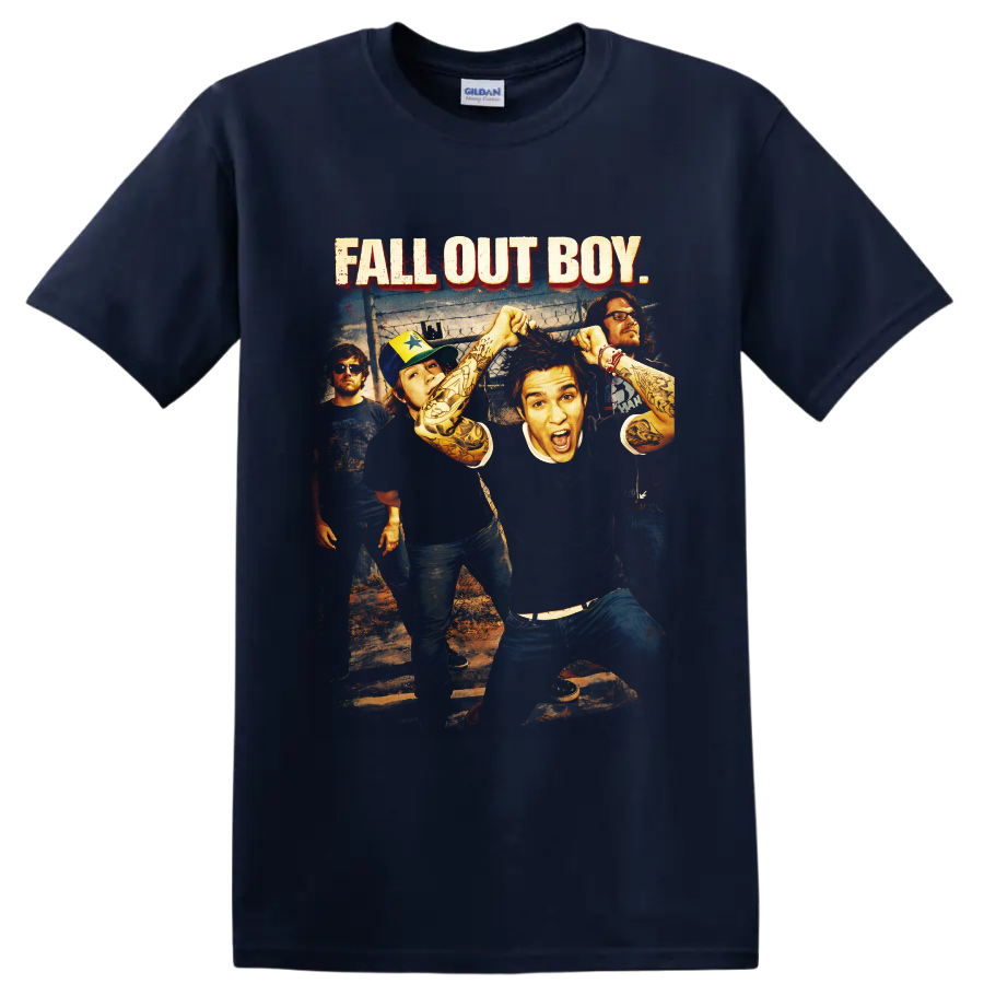 Fall Out Boy band photo with distressed red-shadowed lettering and punk rock styling on a Navy (Blue) T Shirt